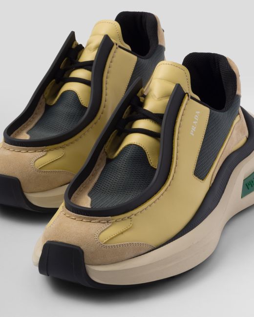 Prada Metallic Systeme Brushed Leather Sneakers With Bike Fabric And Suede Elements for men