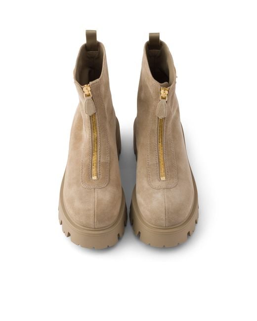 Prada Natural Suede Booties With Zip