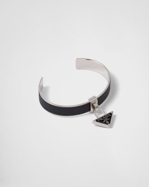 Prada White Metal And Saffiano Leather Bracelet