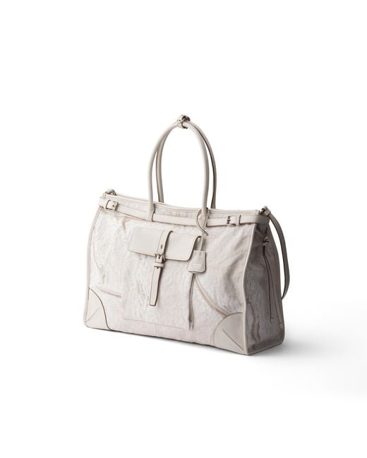Prada White Bonnie Printed Linen And Leather Tote Bag for men