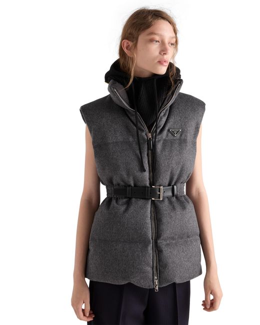 Prada Gray Wool Belted Down Gilet