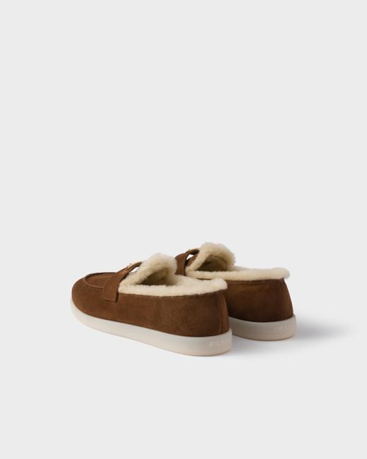 Prada Brown Shearling-Loafer Mit Logo