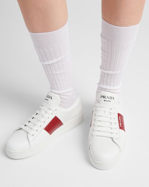 Prada White Leather Laced Sneakers With Logo