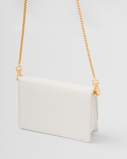 Prada White Saffiano Leather Card Holder On Chain