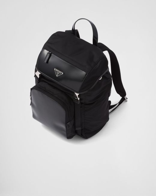 Prada Black Re-nylon And Brushed Leather Backpack for men