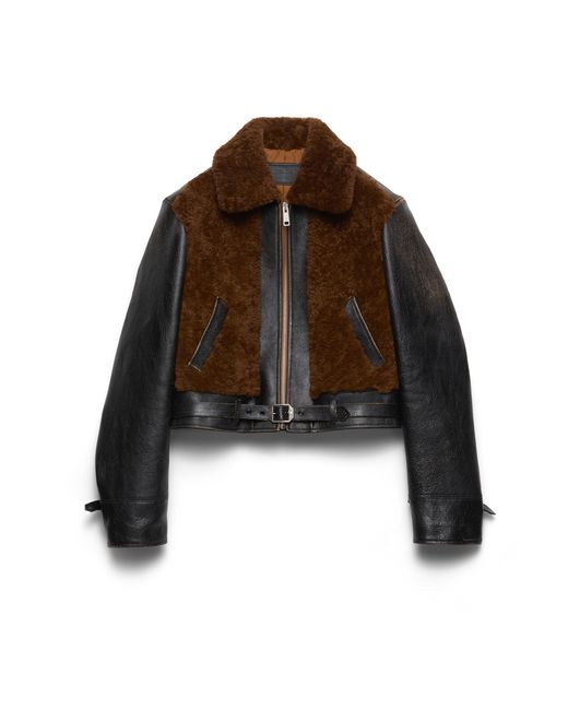 Prada Brown Panelled Leather And Shearling Jacket