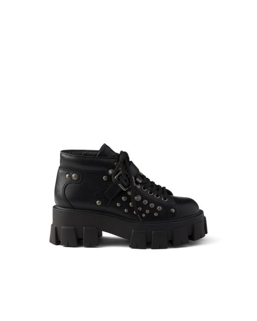 Prada Black Monolith Studded Leather Booties, Size 35
