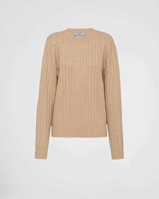 Prada Natural Wool And Cashmere Crew-Neck Sweater With Rhinestones