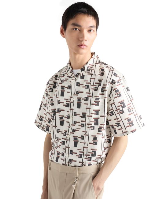 Prada White Printed Cotton Blend Shirt, Natural/Burgundy for men