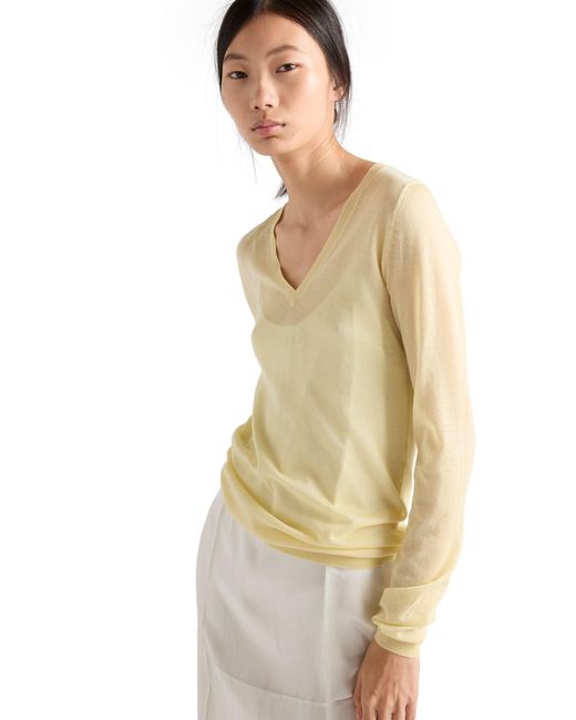 Jersey De Cachemir Y Seda Con Escote En V, Mujer, Talla Prada de color Natural