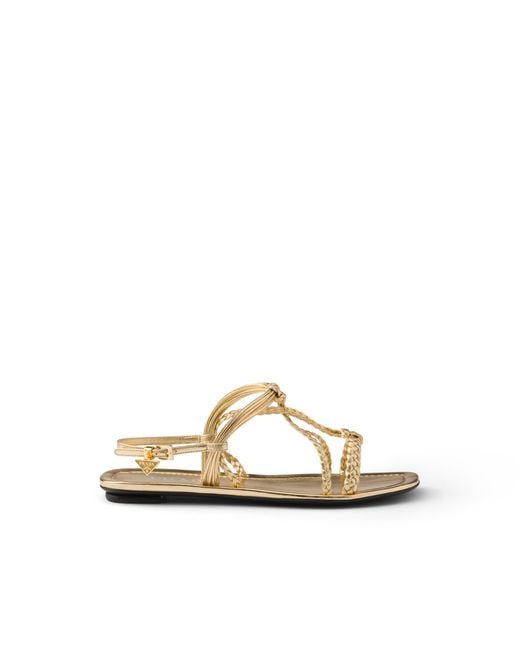 Prada Metallic Flat Mordoré Nappa Leather Sandals, Platinum, Size 36