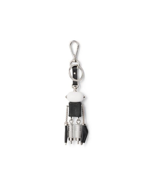Prada White Robot Saffiano Leather Keychain Charm, Steel
