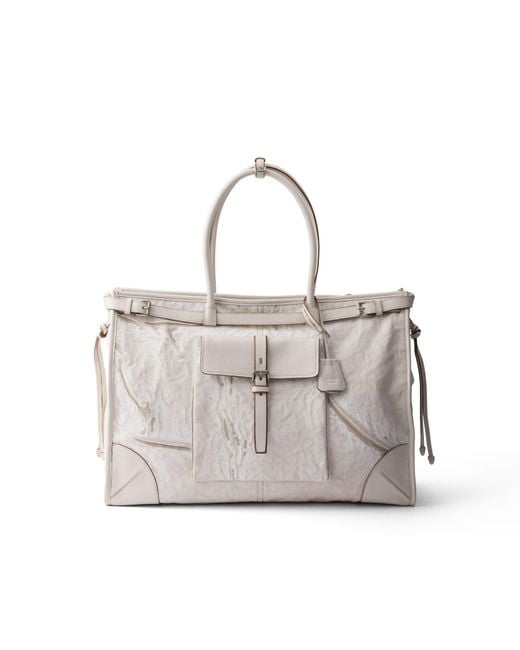 Prada White Bonnie Printed Linen And Leather Tote Bag for men