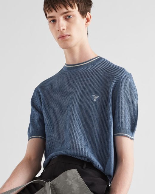 Prada Blue Silk And Cotton Crew-neck Sweater for men