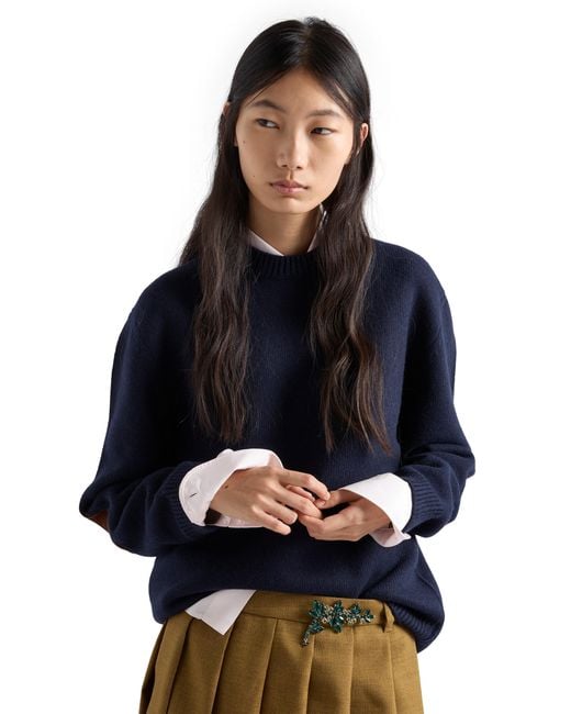 Prada Blue Wool And Suede Sweater