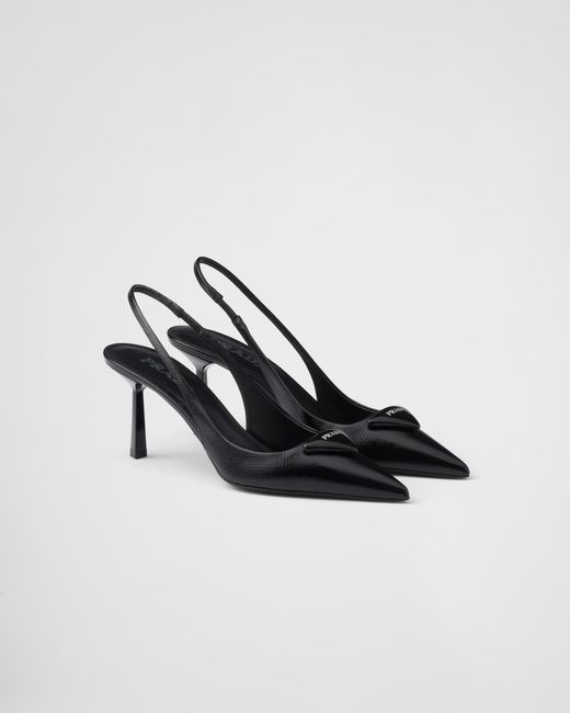 Prada Black Saffiano Patent Leather Slingback Pumps