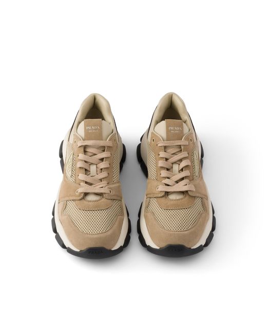 Prada Metallic Mesh Fabric And Suede Sneakers