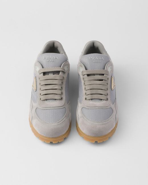 Prada Gray Trail Mesh Fabric And Suede Sneakers