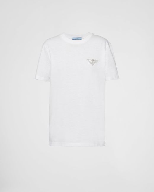 Prada White Besticktes T-Shirt Aus Jersey