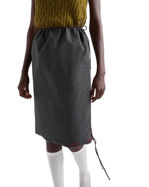 Prada Black Bonded Hopsack Midi-Skirt With Devoré Effect