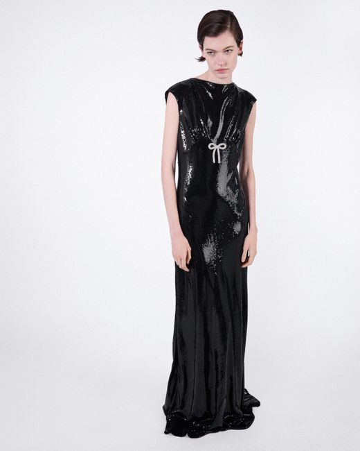 Prada Black Langes Kleid Aus Satin-Jersey Mit Paillettenbesatz