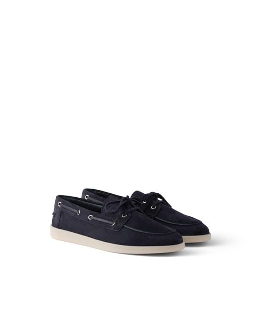 Prada Blue Suede Boat Shoes With Laces for men