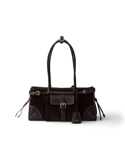 Prada Black Bonnie Medium Corduroy And Leather Handbag