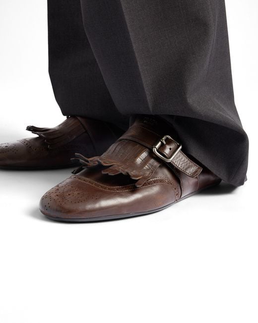 Prada Brown Shuffle Antiqued Leather Mules With Buckled Strap And Fringe for men