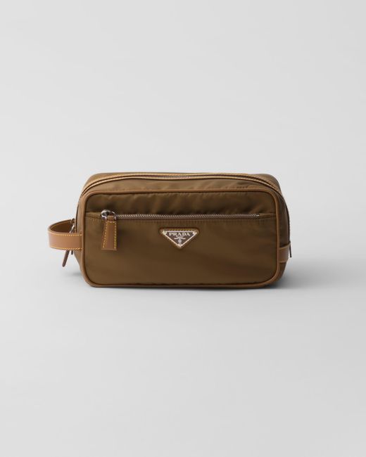 Prada Brown Re-Nylon And Leather Pouch for men