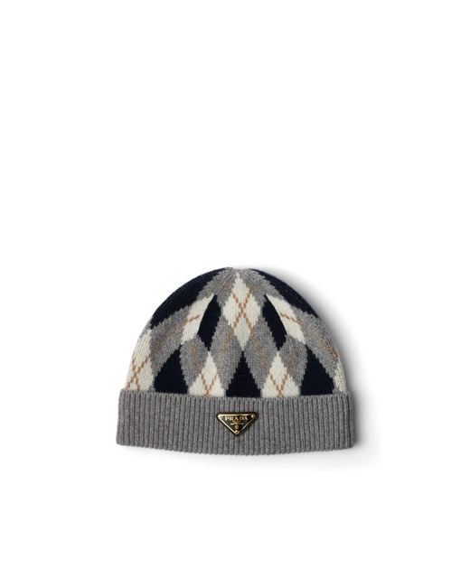 Prada Gray Argyle Knit Beanie
