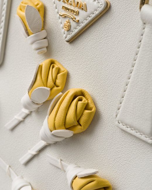 Prada White Large Galleria Leather Bag With Floral Appliqués