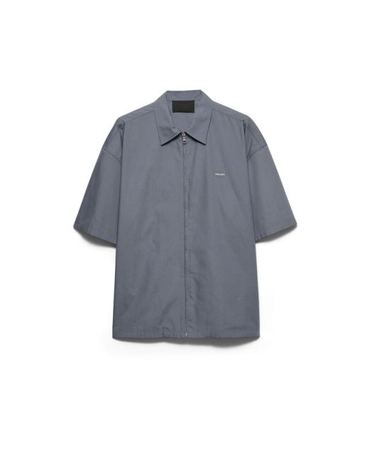 Prada Blue Short-Sleeved Technical Cotton Shirt, Iron for men