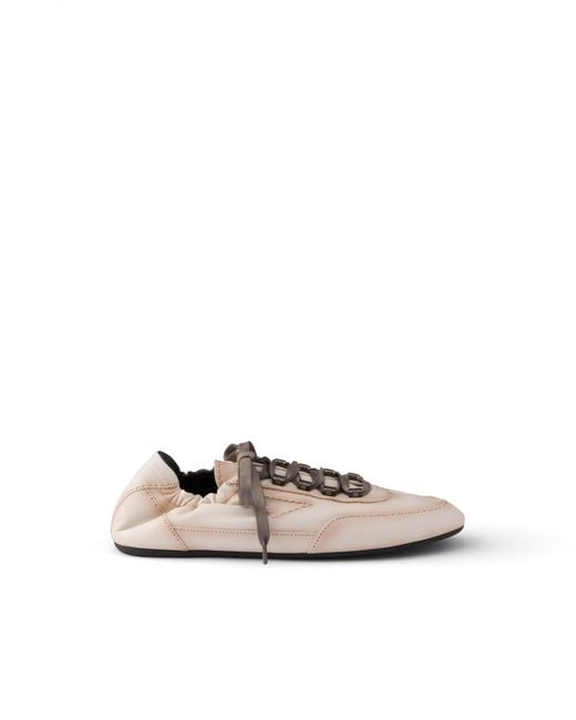 Prada White Collapse Antiqued Nappa Leather Sneakers With Hooks, Size 6 for men