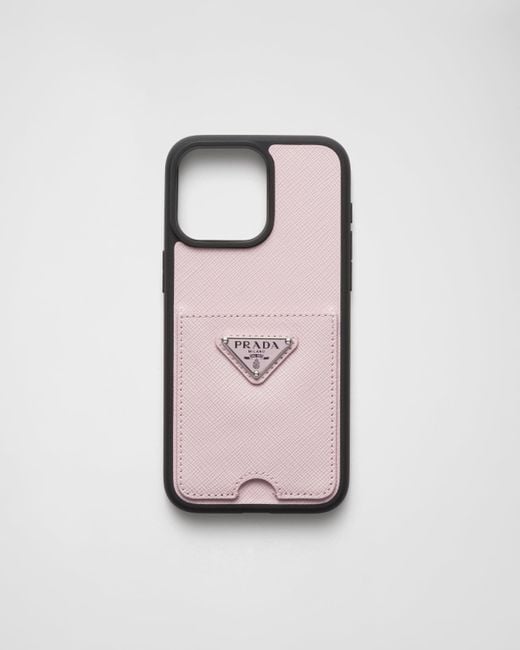 Prada Pink Saffiano Leather Cover For Iphone 15 Pro Max