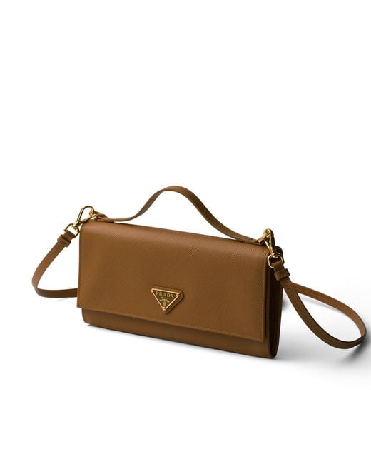 Prada Brown Saffiano Leather Wallet With Shoulder Strap