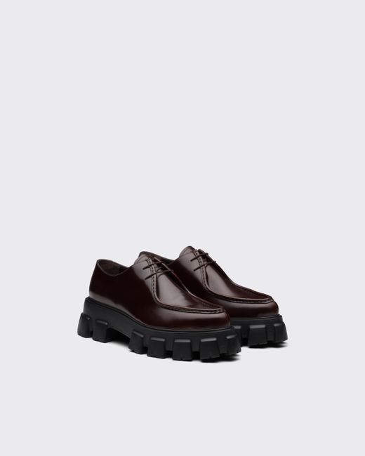 Prada Brown Monolith Brushed Leather Lace-up Shoes for men