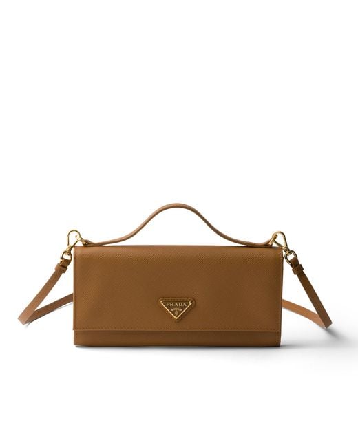 Prada Brown Saffiano Leather Wallet With Shoulder Strap