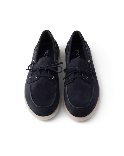 Prada Blue Suede Boat Shoes With Laces for men