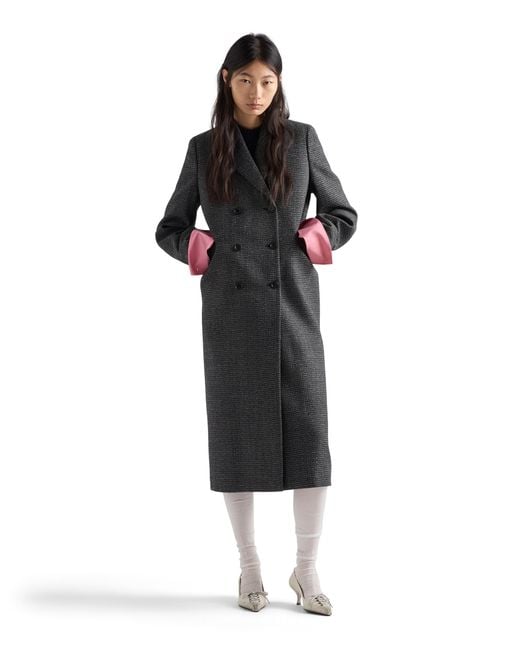 Prada Blue Double-Breasted Gingham-Checked Mouliné Wool Coat