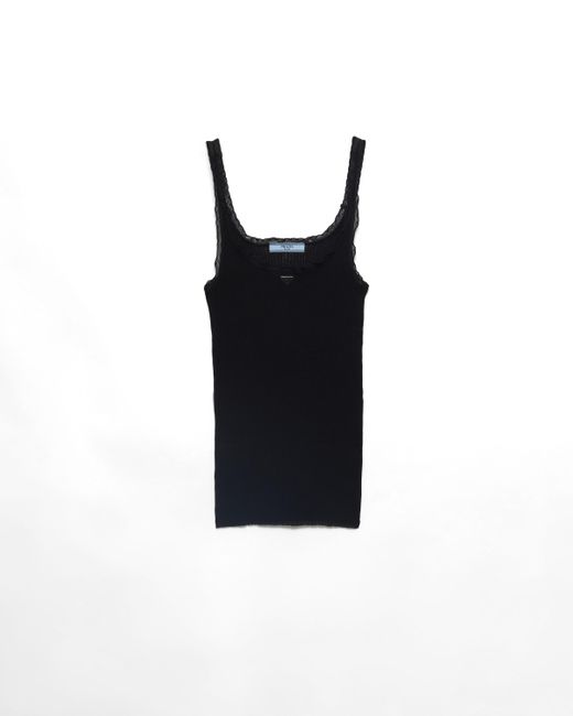Top De Algodón Acanalado Prada de color Black
