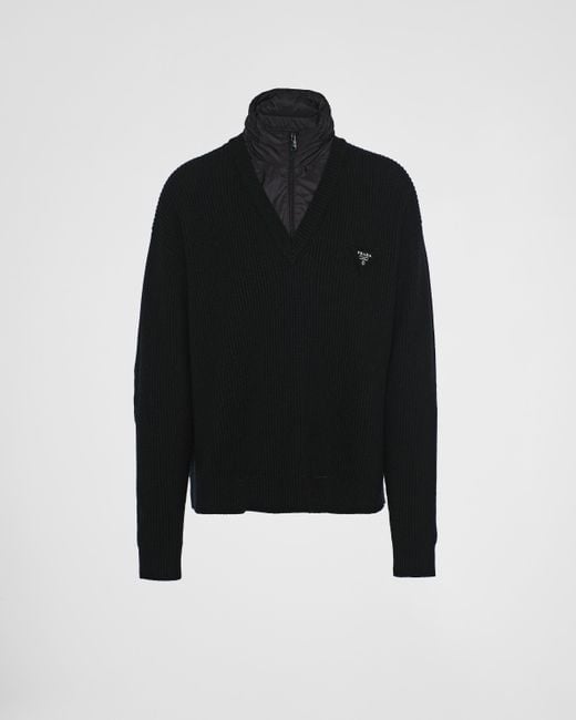Prada Black Cashmere And Re-nylon Hoodie Jacket for men