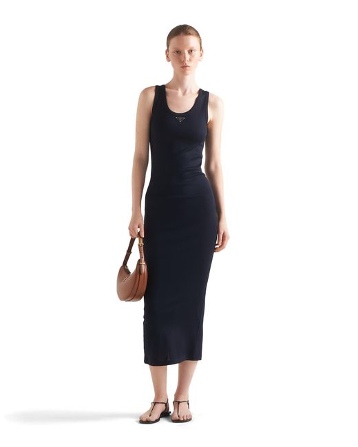 Prada Black Brand-Plaque Slim-Fit Cotton Midi Dress