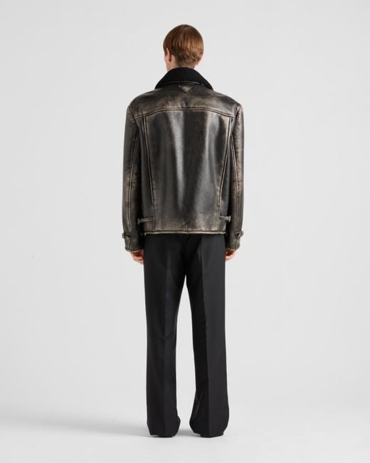 Prada Black Shearling-Trimmed Leather Jacket for men
