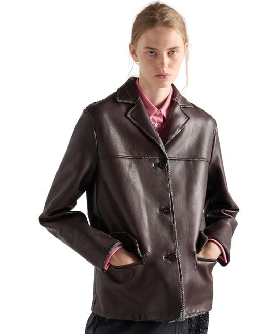 Prada Brown Bonded Nappa Leather And Chevron Shetland Wool Jacket
