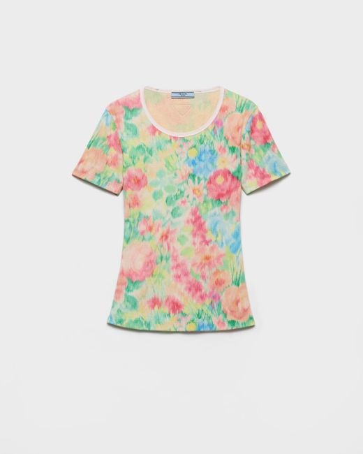Prada White Geripptes T-Shirt Mit Blumen-Print