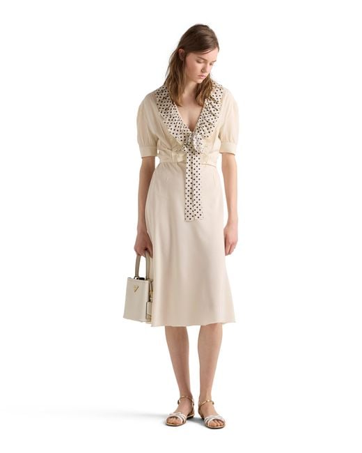 Prada Embroidered Marocain Dress, Natural