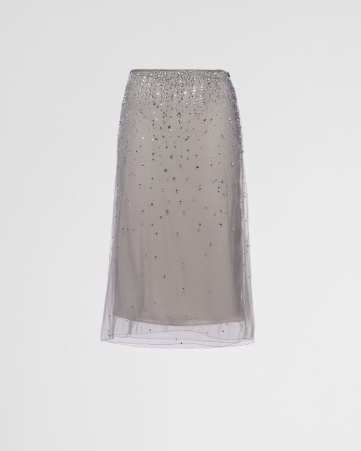Prada Gray Crystal-studded Tulle Midi-skirt