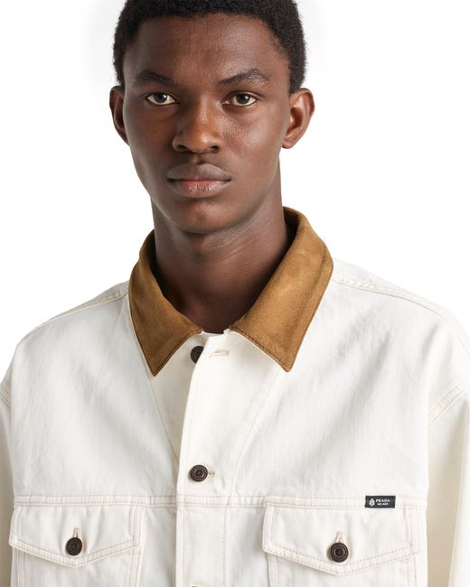 Prada White Old Denim Jacket With Leather Details for men