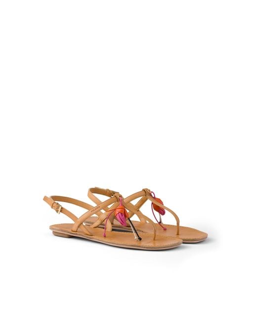 Prada White Antiqued Leather Thong Sandals With Floral Ornament
