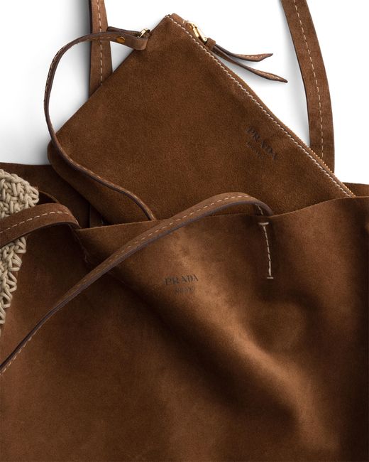 Prada Brown Large Suede And Crochet Tote Bag